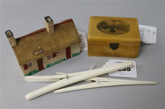 A Willows Art china Langton porcelain model of Robert Burns cottage; a Mauchlineware box and 2 Edwardian glove stretchers
